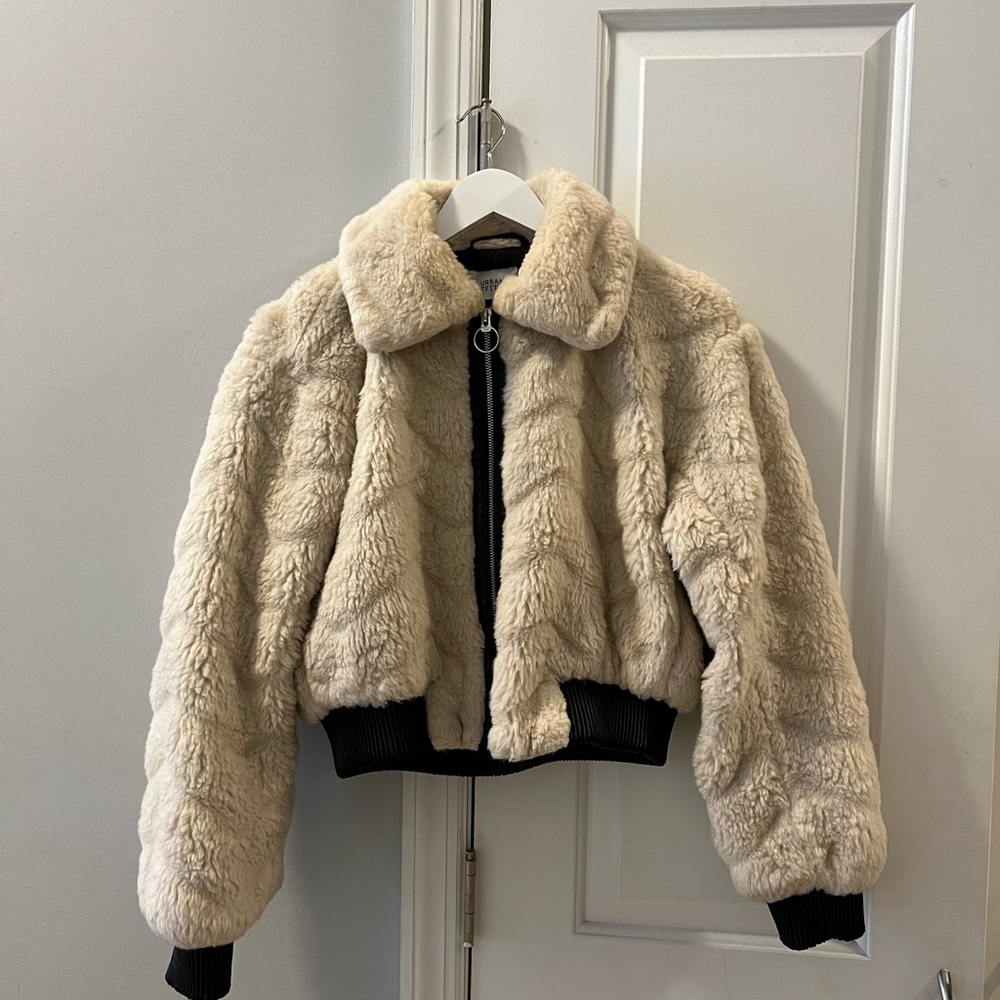 White faux fur leather cropped jacket